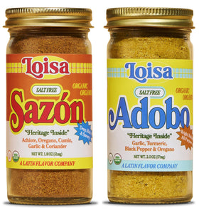 Loisa Salt Free Adobo + Sazon bottle label highlights organic spices for vibrant color.