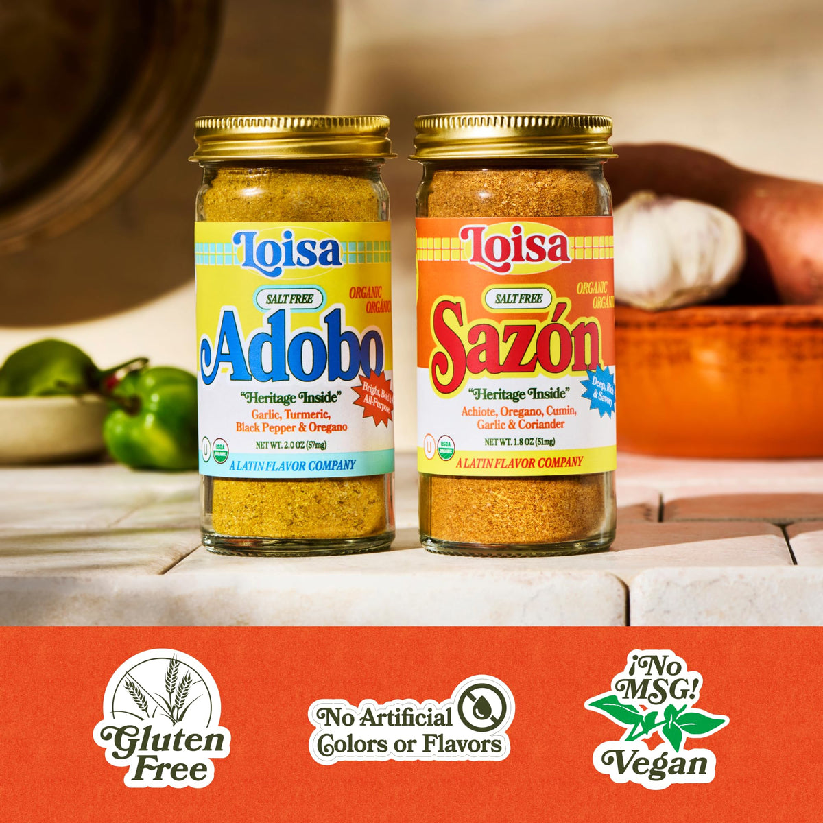 Loisa Salt Free Adobo + Sazon organic ingredients close-up with achiote color.