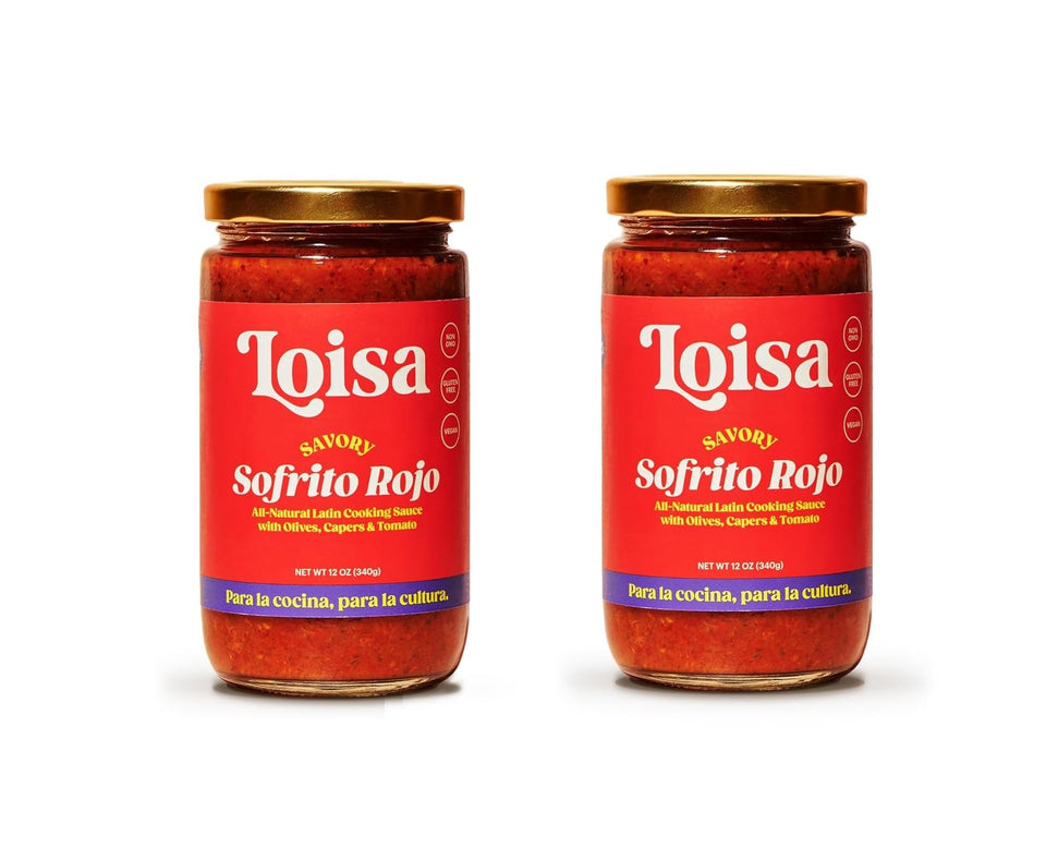 Loisa Sofrito Rojo bottle being poured, adding bold Latin flavor to meals.
