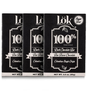 LöK dark chocolate bar front view showing 100% cacao for bold flavor