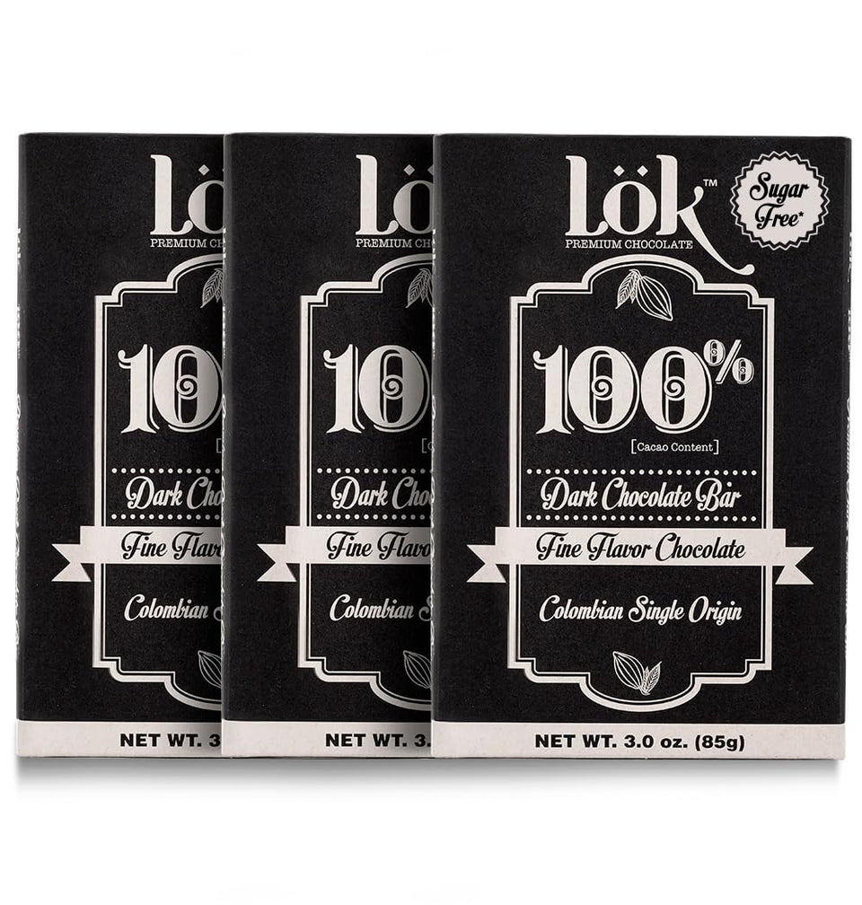 LöK dark chocolate bar front view showing 100% cacao for bold flavor