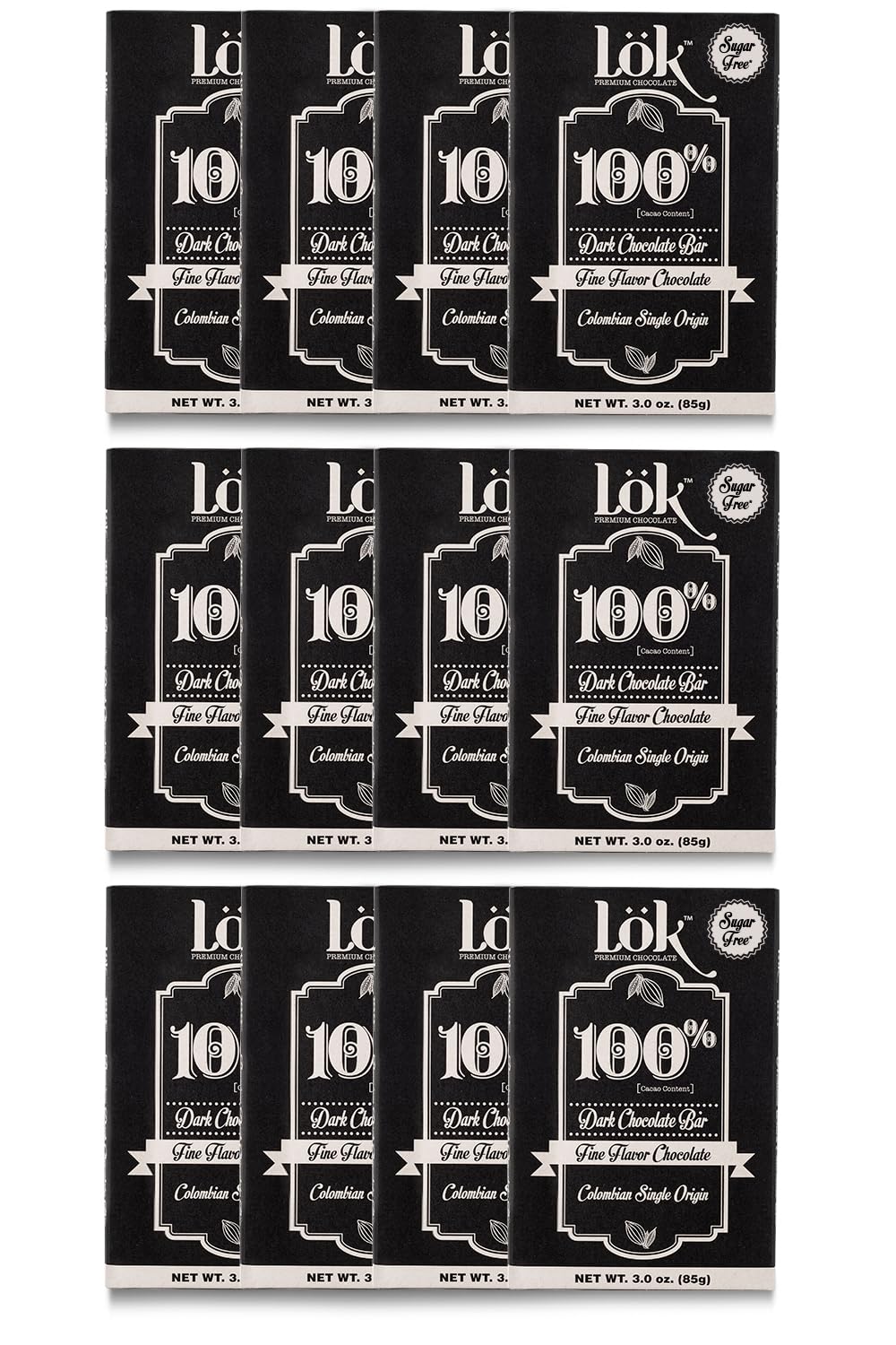 LöK dark chocolate bar 12-pack on display, ideal for sugar-free snacking.