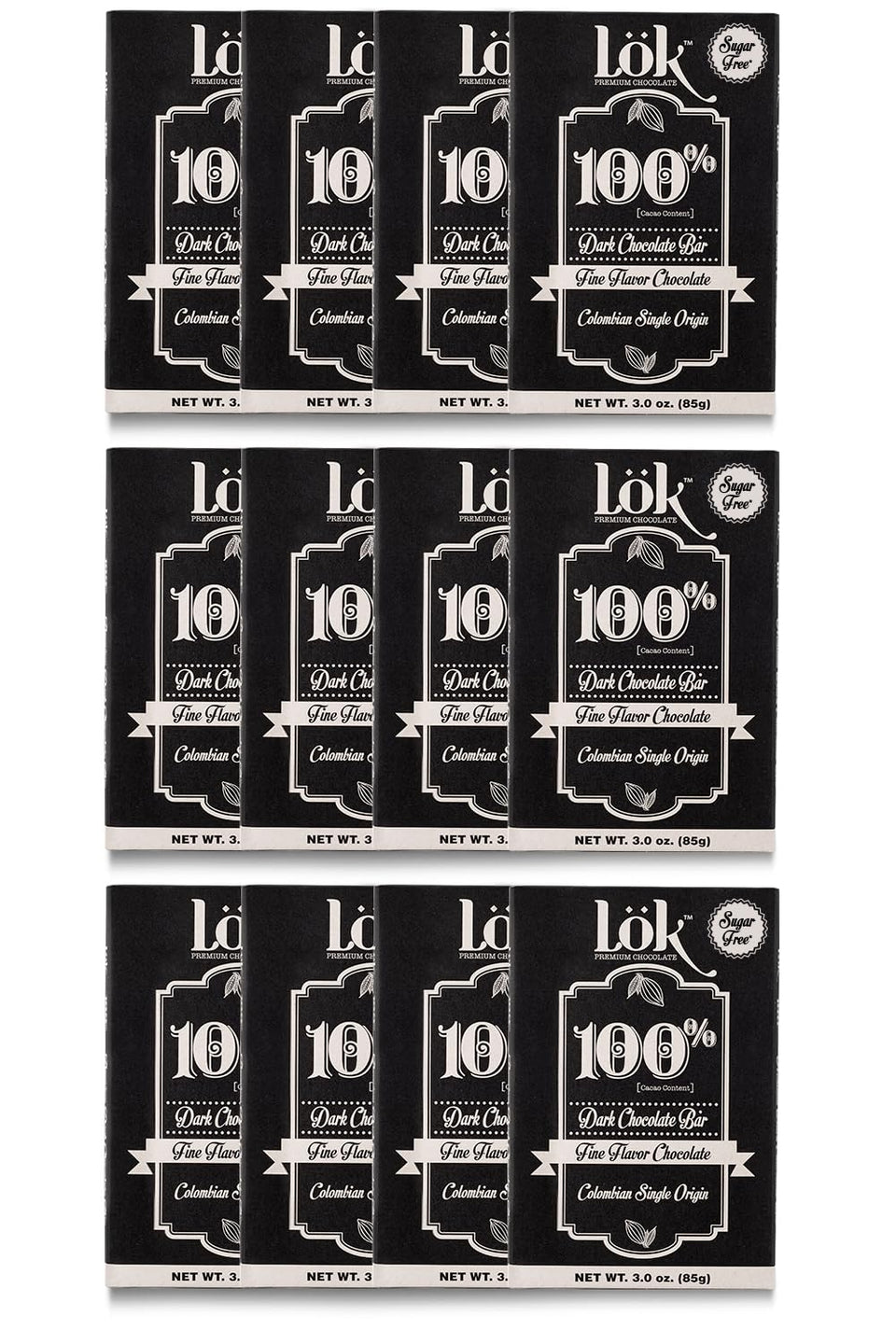 LöK dark chocolate bar 12-pack on display, ideal for sugar-free snacking.