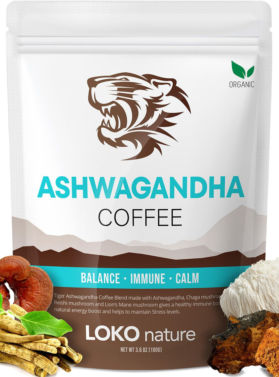 LOKO nature Tiger Ashwagandha Coffee bottle highlights vegan and gluten-free ingredients for balanced energy