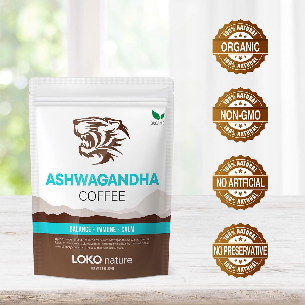 LOKO nature Tiger Ashwagandha Coffee ingredients closeup emphasizes natural, clean components