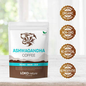 LOKO nature Tiger Ashwagandha Coffee ingredients closeup emphasizes natural, clean components