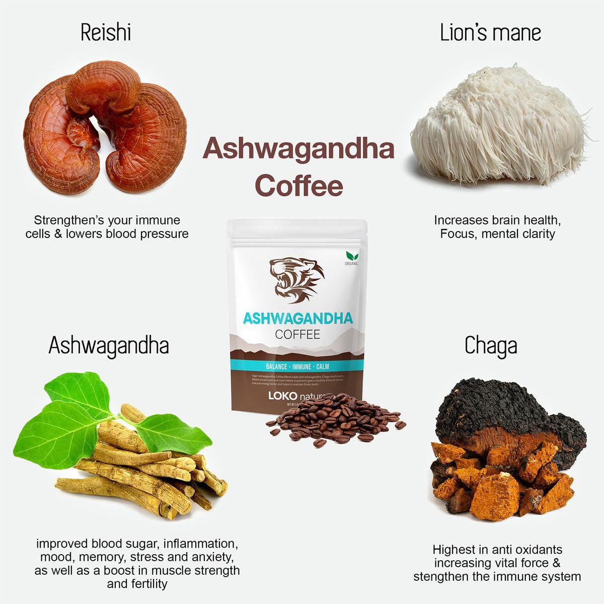 LOKO nature Tiger Ashwagandha Coffee pour showcases smooth aroma and subtle energy