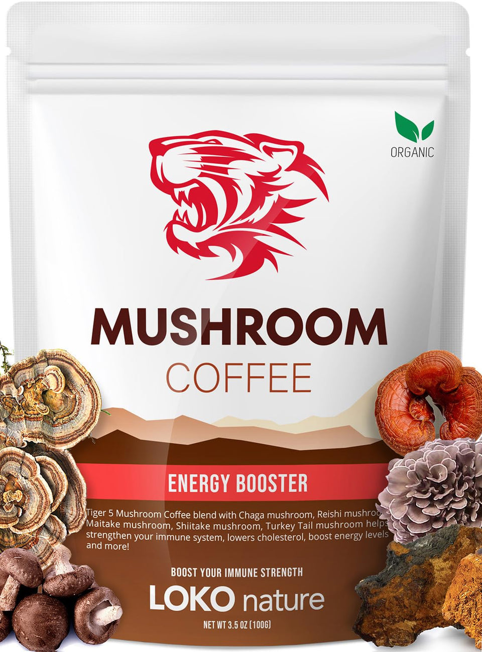LOKO nature Tiger Organic 5 Mushroom Coffee pack — balanced energy for busy mornings.