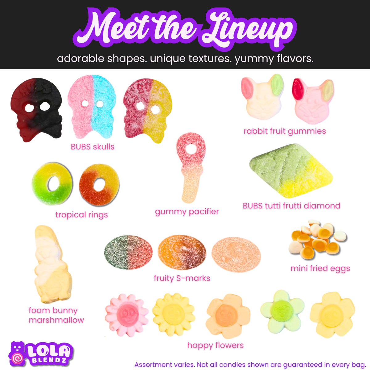 Lola Blendz Swedish gummy assortment showcases bold flavors and soft textures.