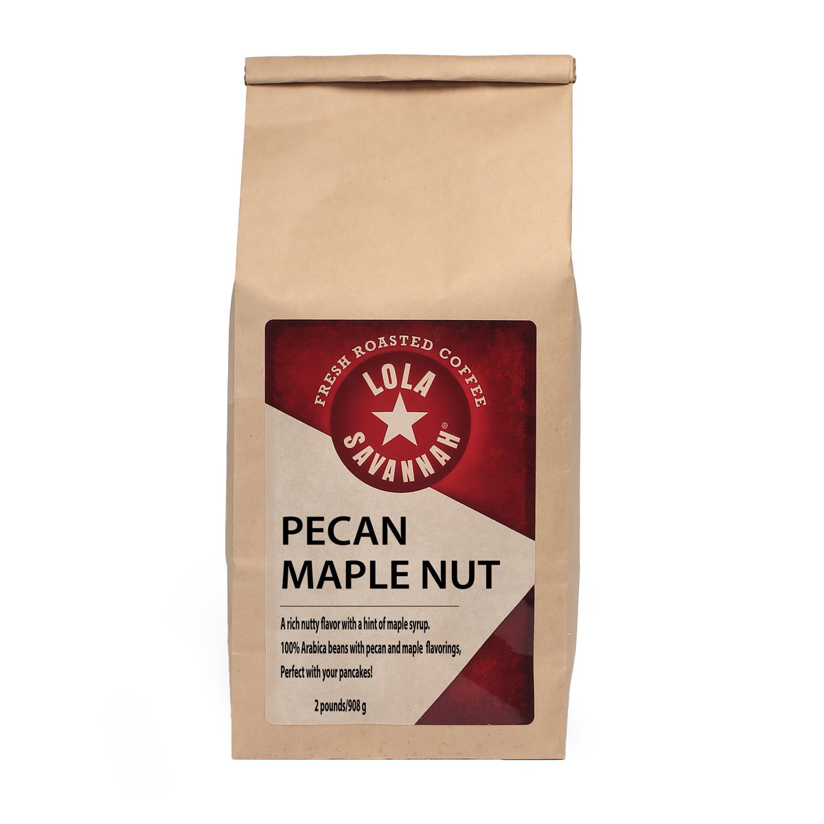 Lola Savannah Pecan Maple Nut coffee bag front view, premium aroma ready for your morning