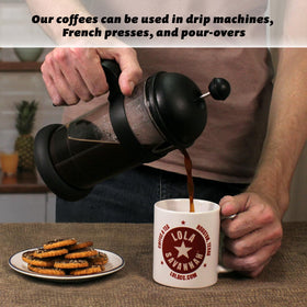 Lola Savannah steaming cup of pecan coffee, inviting warm, aromatic morning.