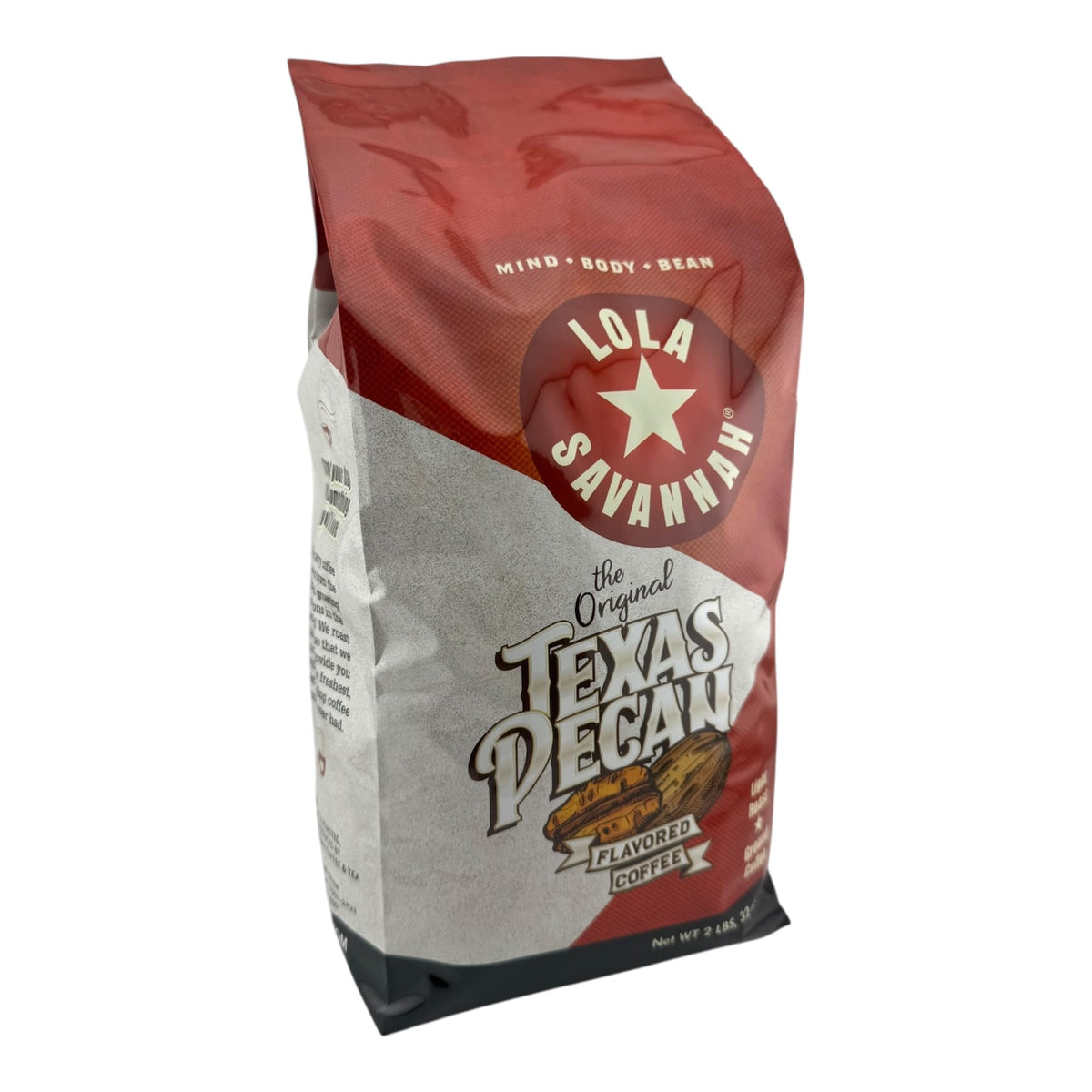 Lola Savannah Texas Pecan Ground Coffee bag back with freshness details