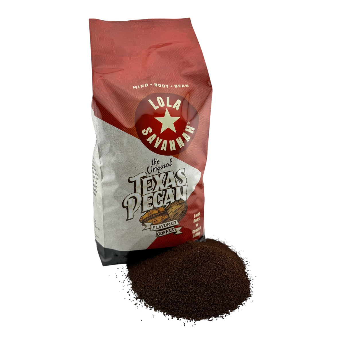 Lola Savannah Texas Pecan Ground Coffee bag front showing rich pecan aroma