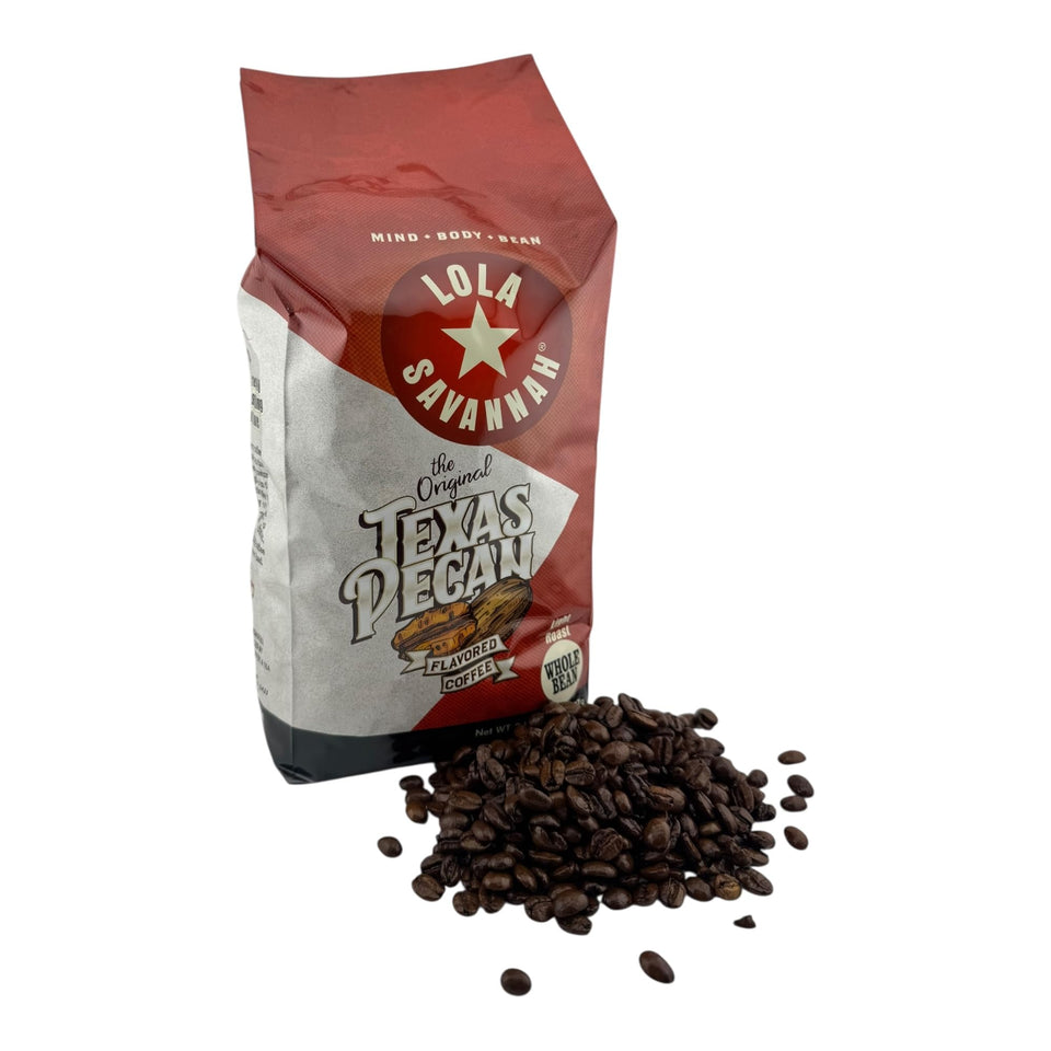 Lola Savannah Texas Pecan whole bean coffee bag with pecan pieces for bold flavor.