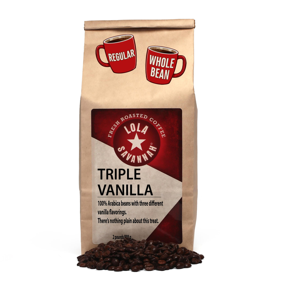 Lola Savannah Triple Vanilla whole bean bag ready for grinding and brewing.