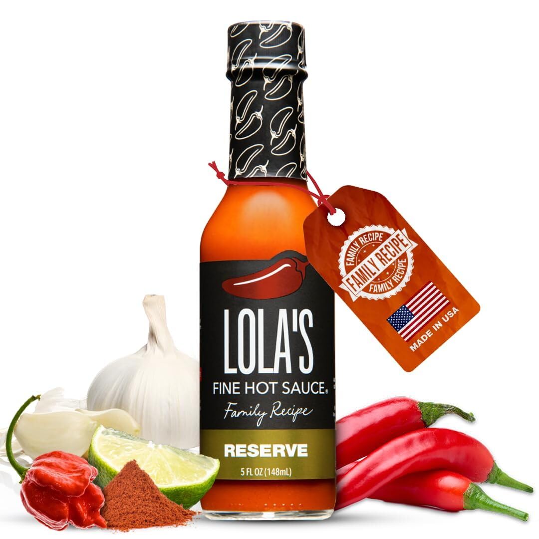 Lola's Family Reserve hot sauce bottle closeup highlighting bold blend for meals.