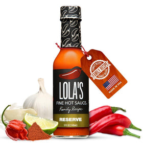 Lola's Family Reserve hot sauce bottle closeup highlighting bold blend for meals.