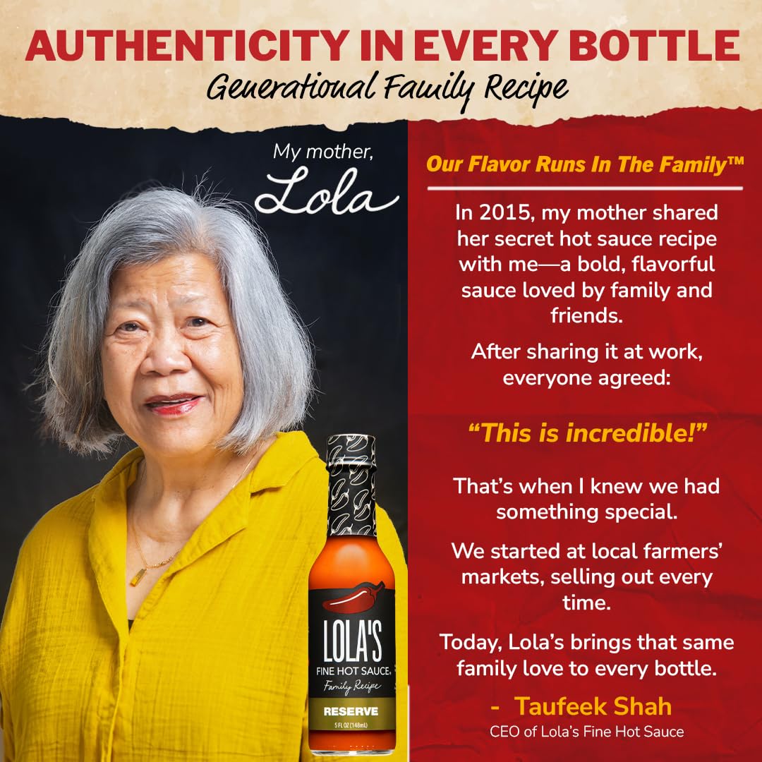 Lola's Family Reserve hot sauce dramatic pour captured mid-flow.