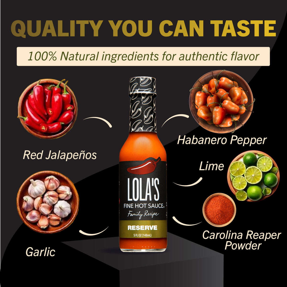 Lola's Family Reserve hot sauce label detail emphasizing premium ingredients.