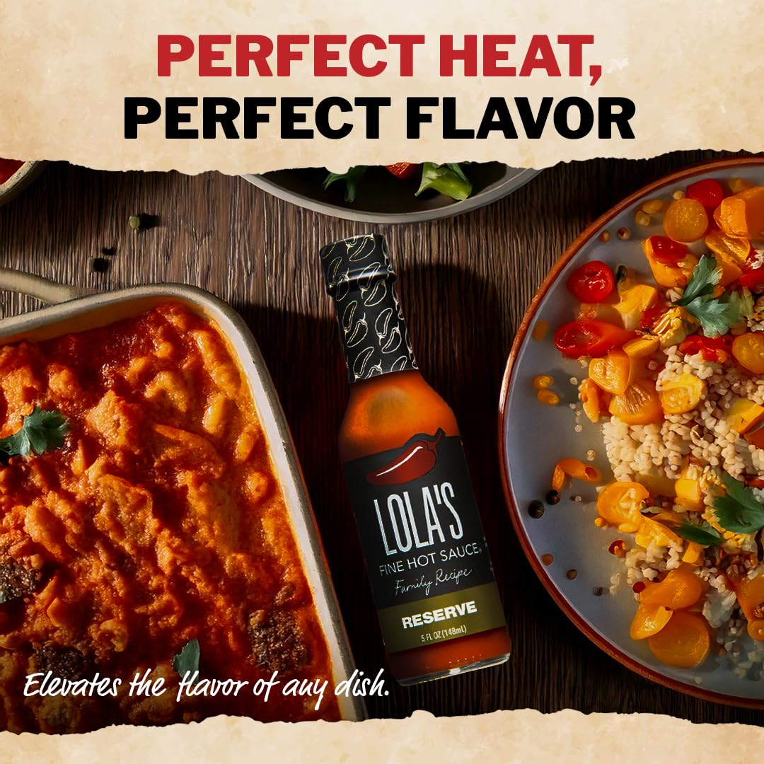 Lola's Family Reserve hot sauce pouring action to spice up dishes.