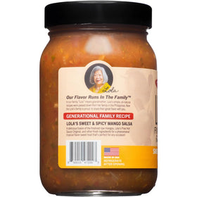 Lola's Mango Salsa with jalapeño as a dip for tortilla chips