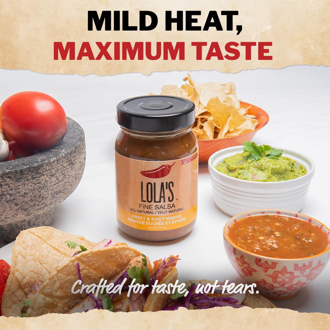 Closeup of Lola's Mango Salsa jar highlighting real ingredients