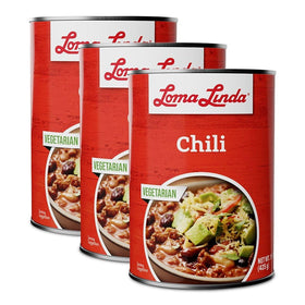 Loma Linda Chili three 15 oz cans on shelf, convenient pantry option