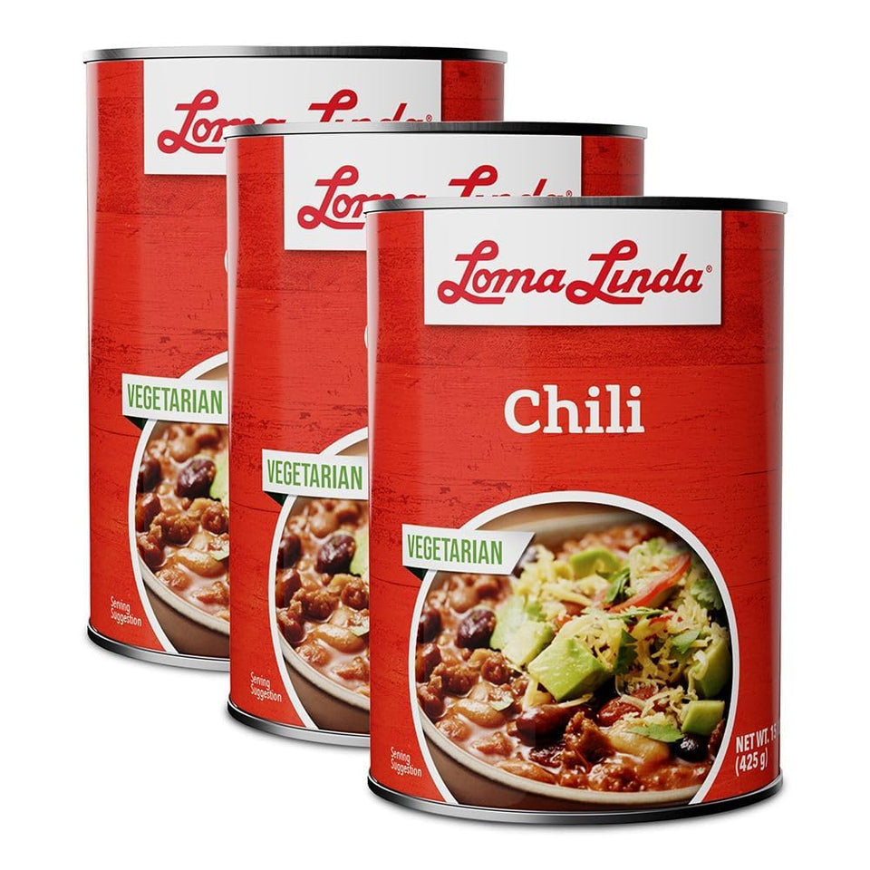 Loma Linda Chili three 15 oz cans on shelf, convenient pantry option