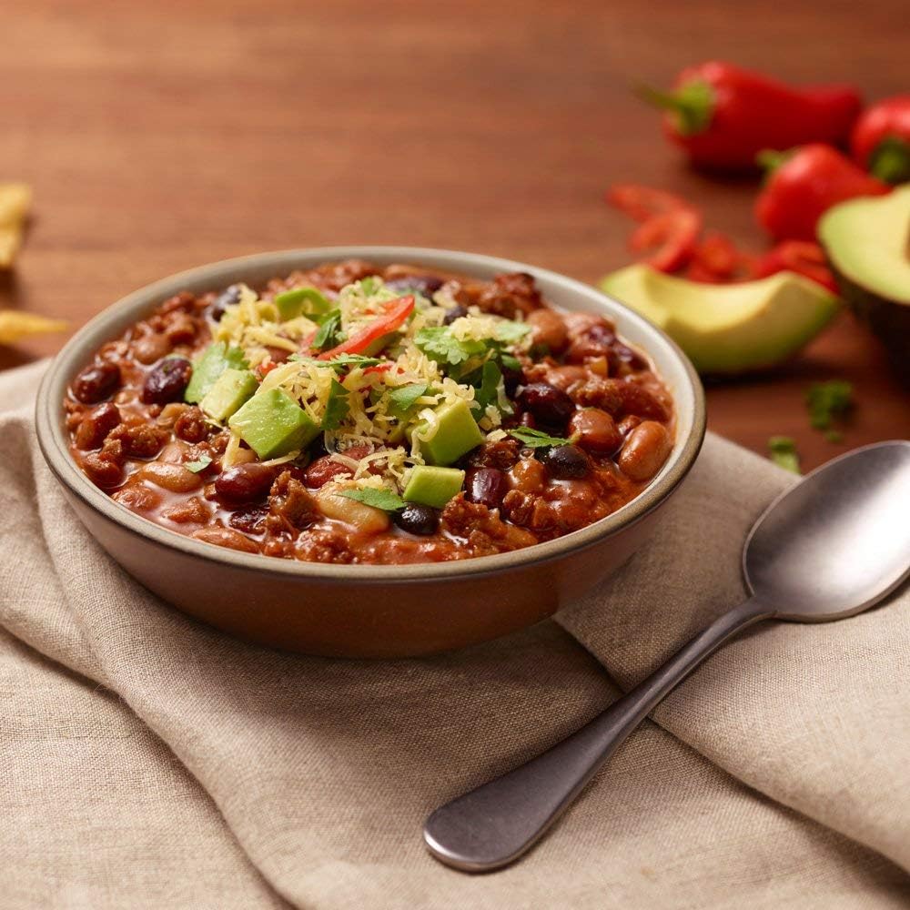 Close-up of Loma Linda Chili label highlighting plant-based ingredients