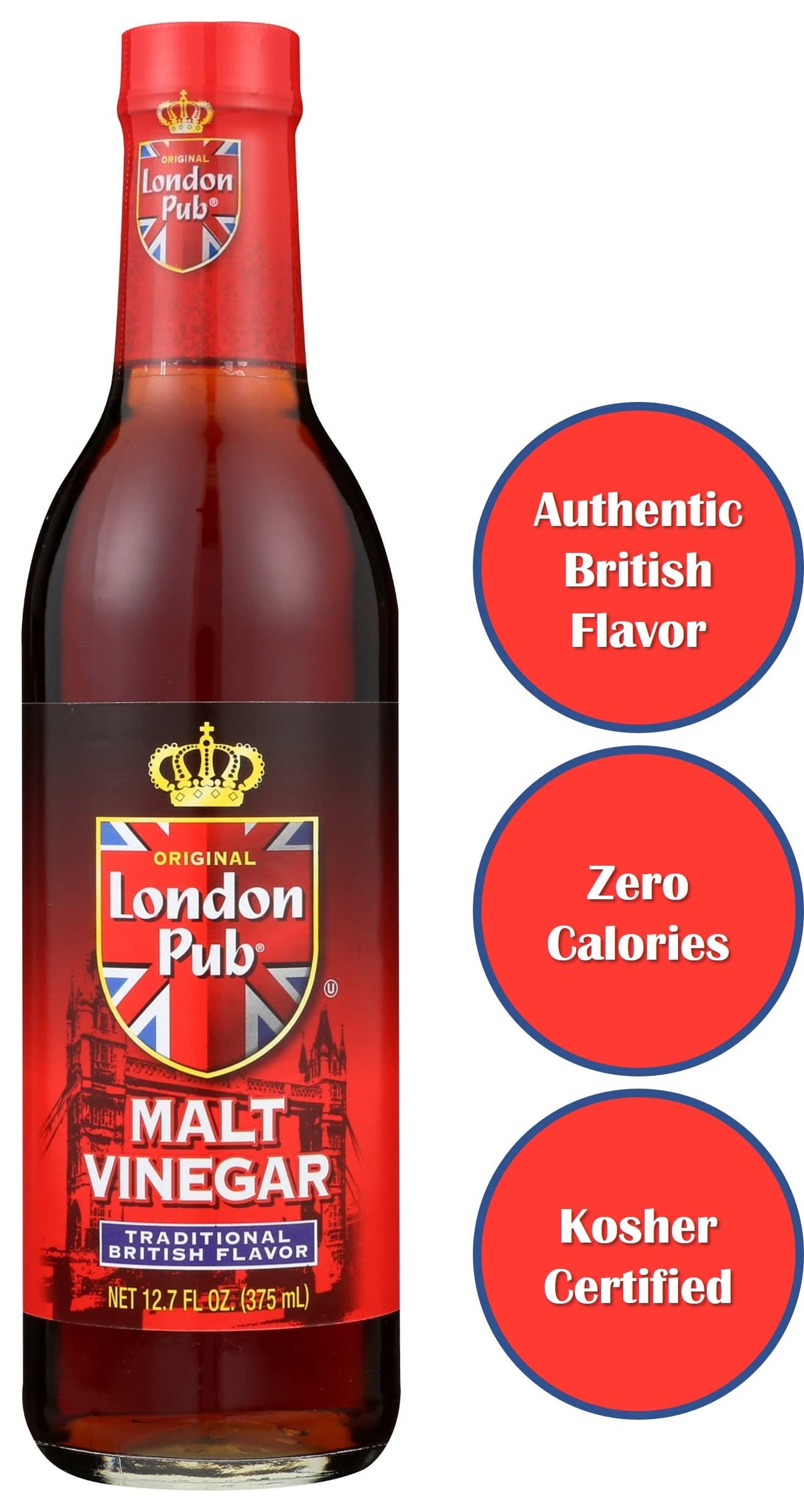 London Pub Malt Vinegar bottle on counter; versatile kitchen staple.
