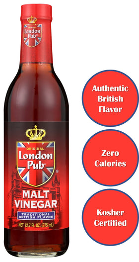 London Pub Malt Vinegar bottle on counter; versatile kitchen staple.