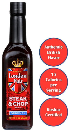 London Pub Sauce table-ready on cooked meat for enhanced taste