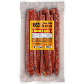 Long John Snacks dried salami stick with honey BBQ flavor, portable high-protein snack.