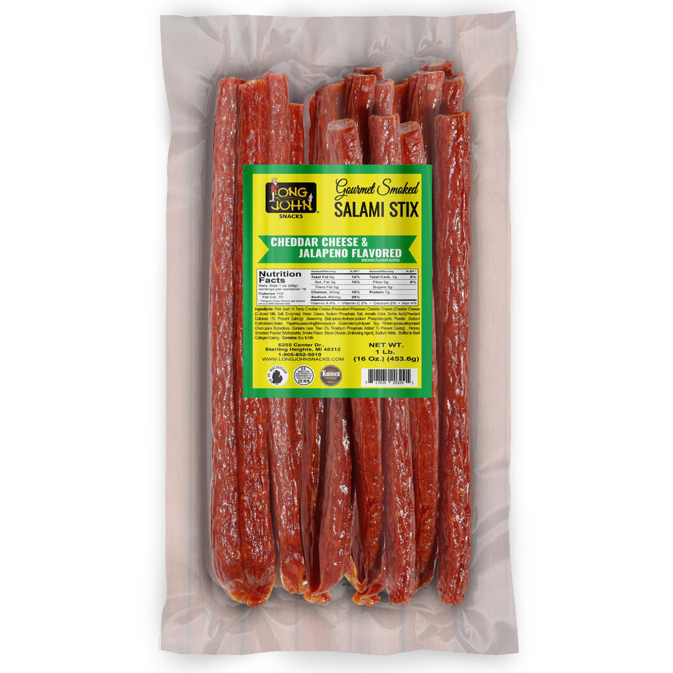Long John Snacks jalapeno cheddar salami stick bulk pack, high protein on the go.