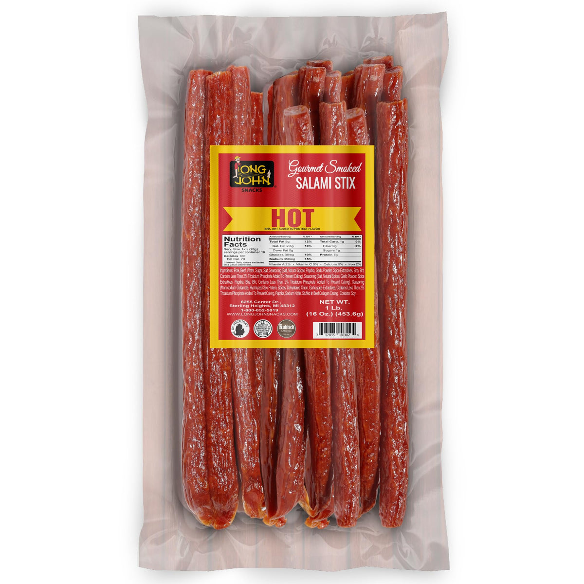 Long John Snacks dried salami sticks bulk pack on display for on-the-go snacking