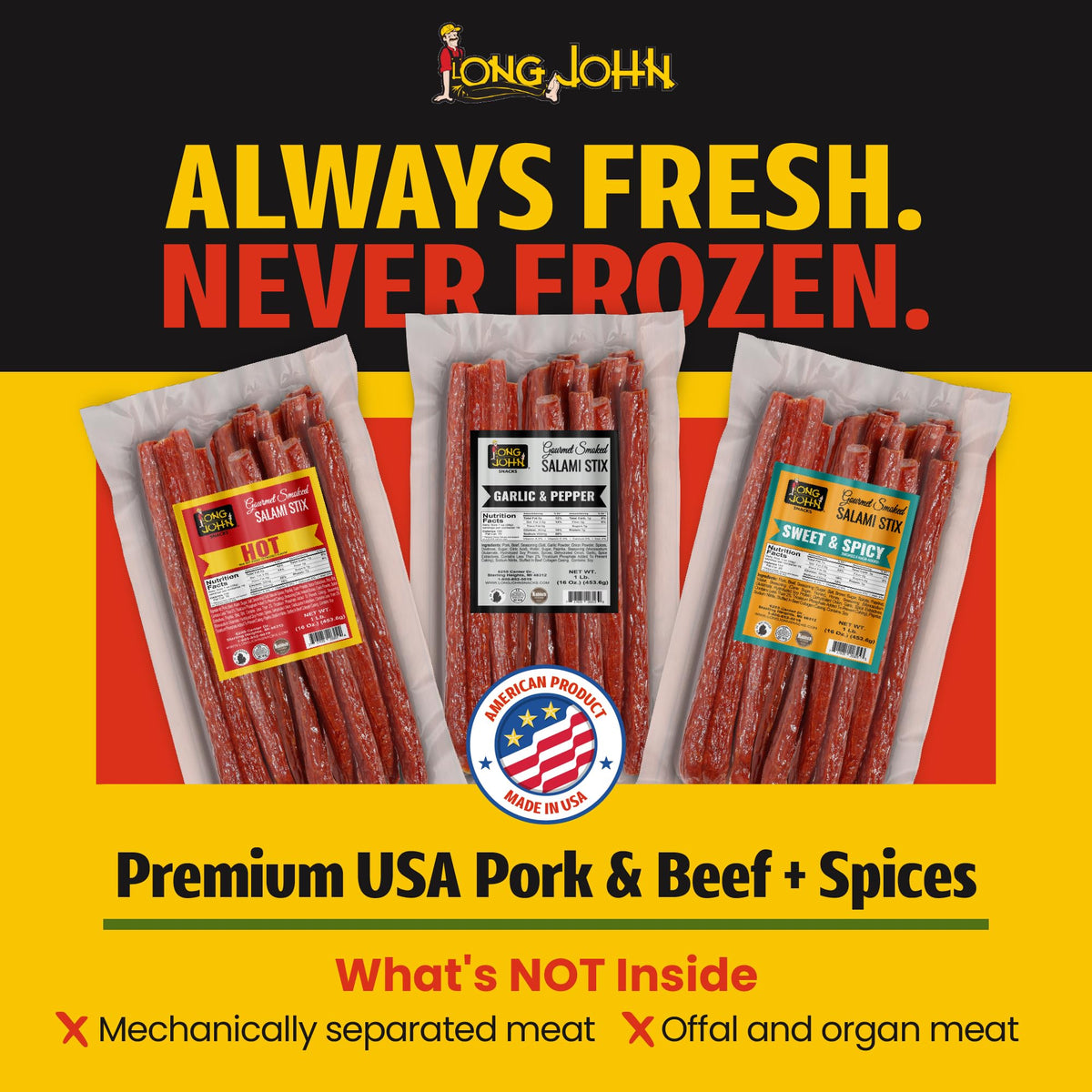 Long John Snacks dried salami sticks close-up texture reveals savory marbling