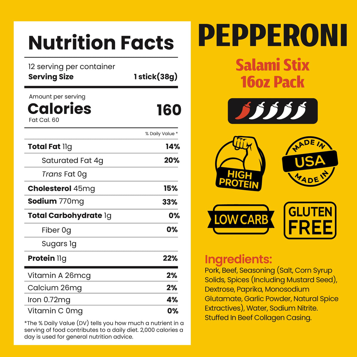 Long John Snacks dried salami sticks back view, bulk packaging for sharing