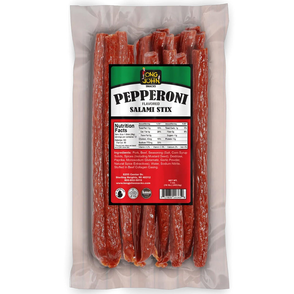 Long John Snacks dried salami sticks front view in bulk pack for on-the-go protein