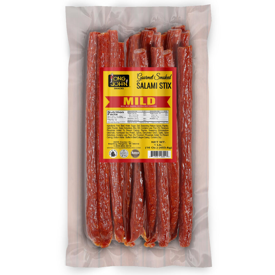 Long John Snacks dried salami sticks pack label highlighting premium protein for on-the-go meals.
