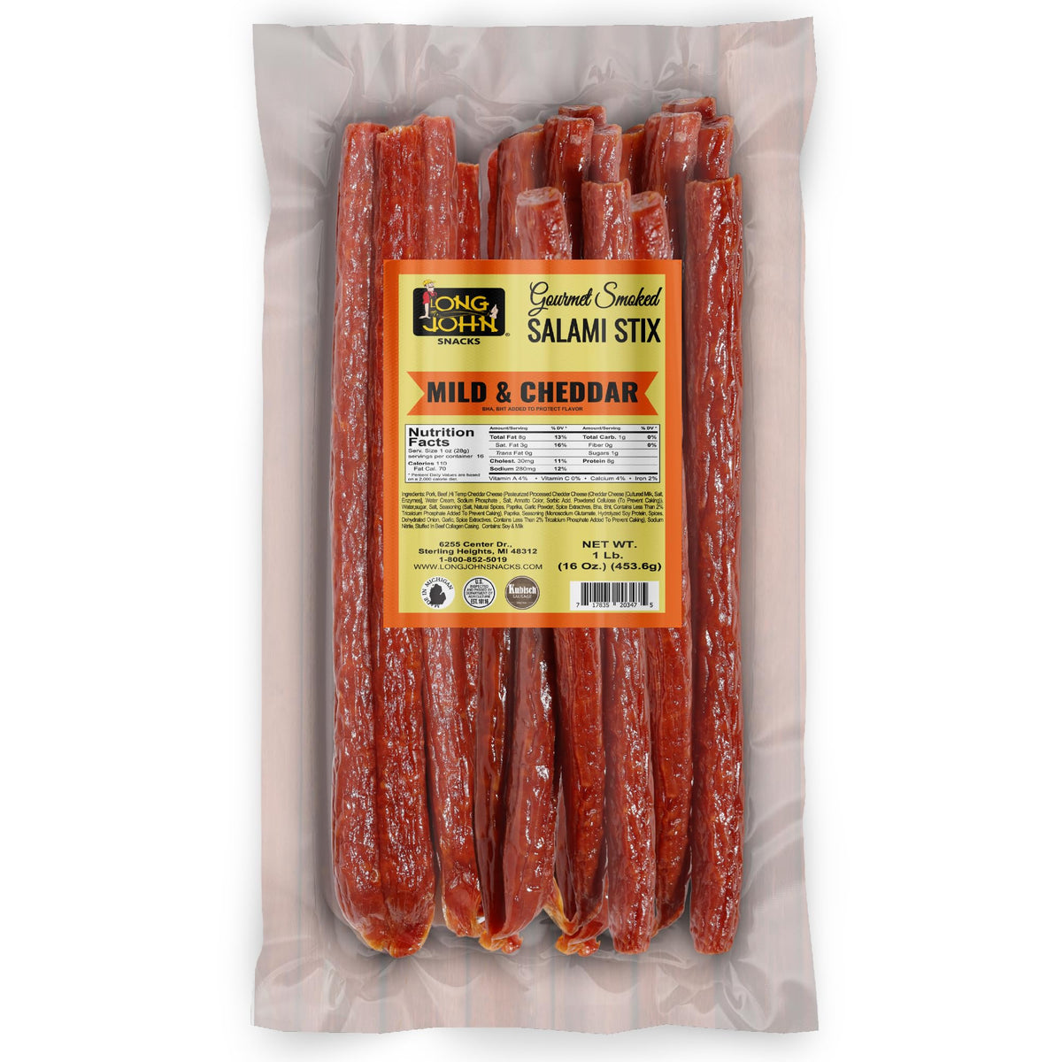 Long John Snacks dried salami sticks pack shows bulk 16 oz packaging for convenient stocking.
