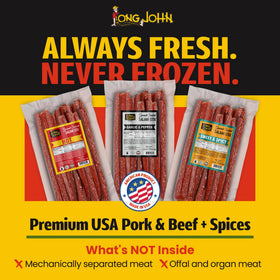 Long John Snacks premium USA meat features fresh never-frozen cuts