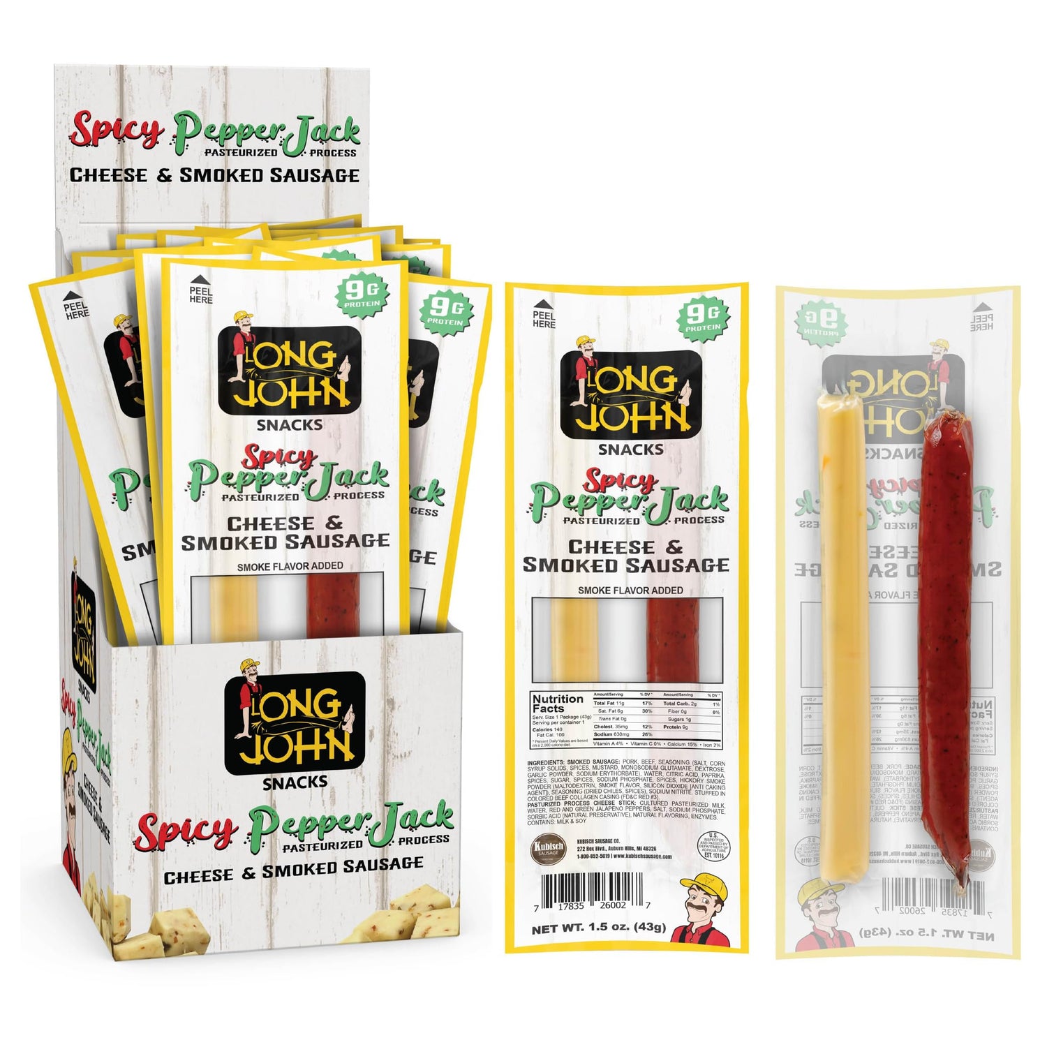 Long John Snacks meat and cheese sticks with spicy sausage offer a savory protein snack.