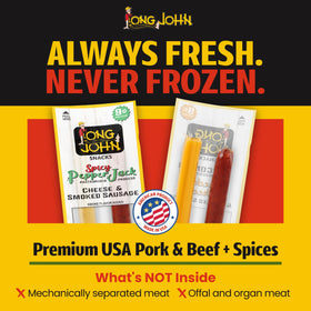 Long John Snacks premium USA beef and pork for real protein.