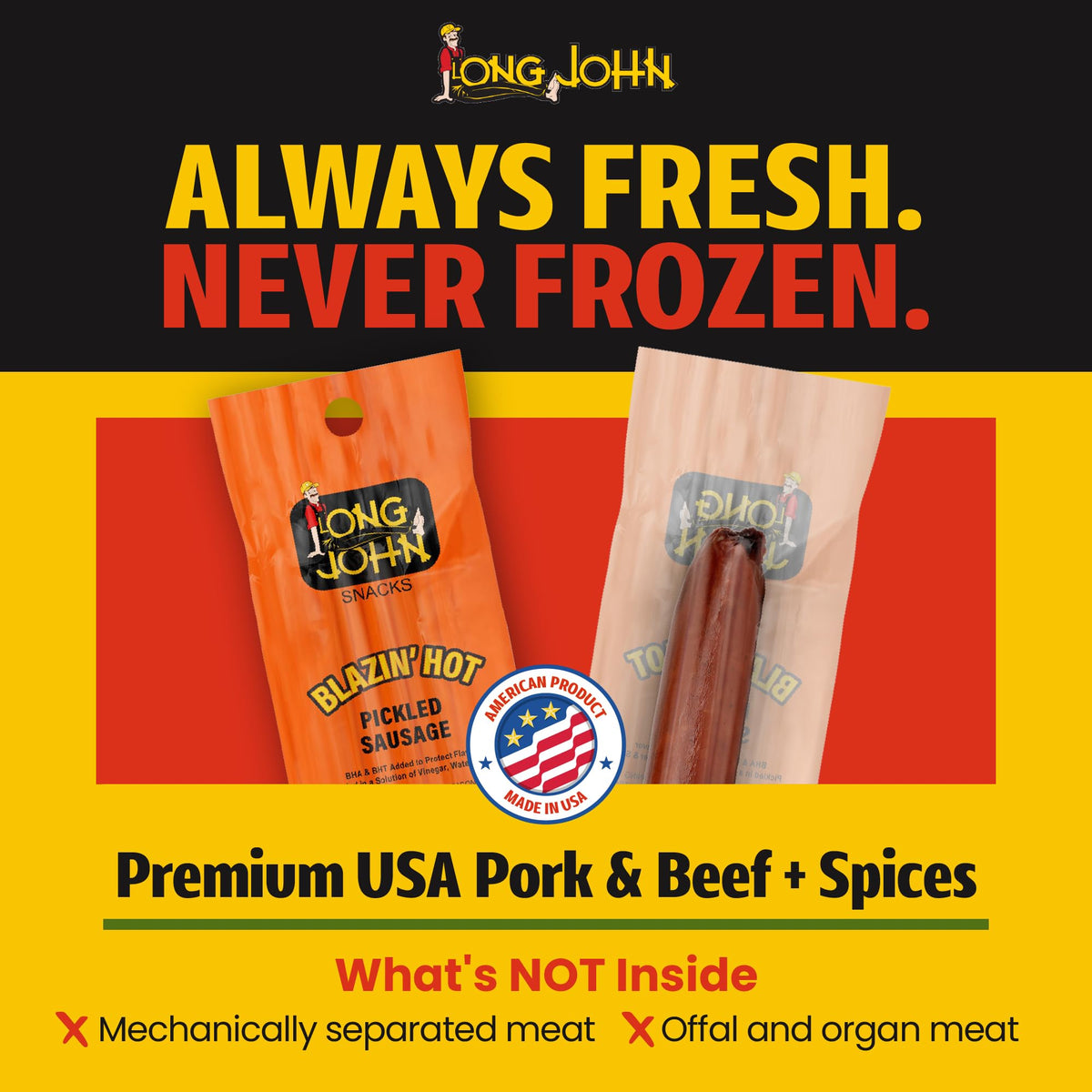 Long John Snacks smoked meat sticks showing authentic texture and color.