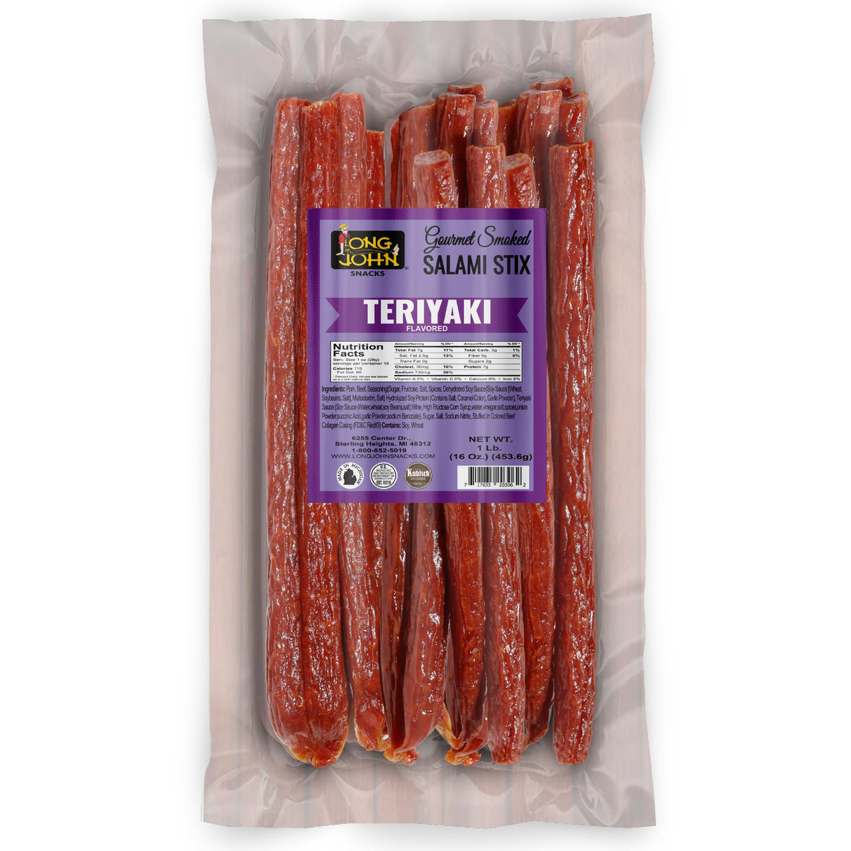Long John Snacks teriyaki dried salami sticks on display, high-protein snack for active days.