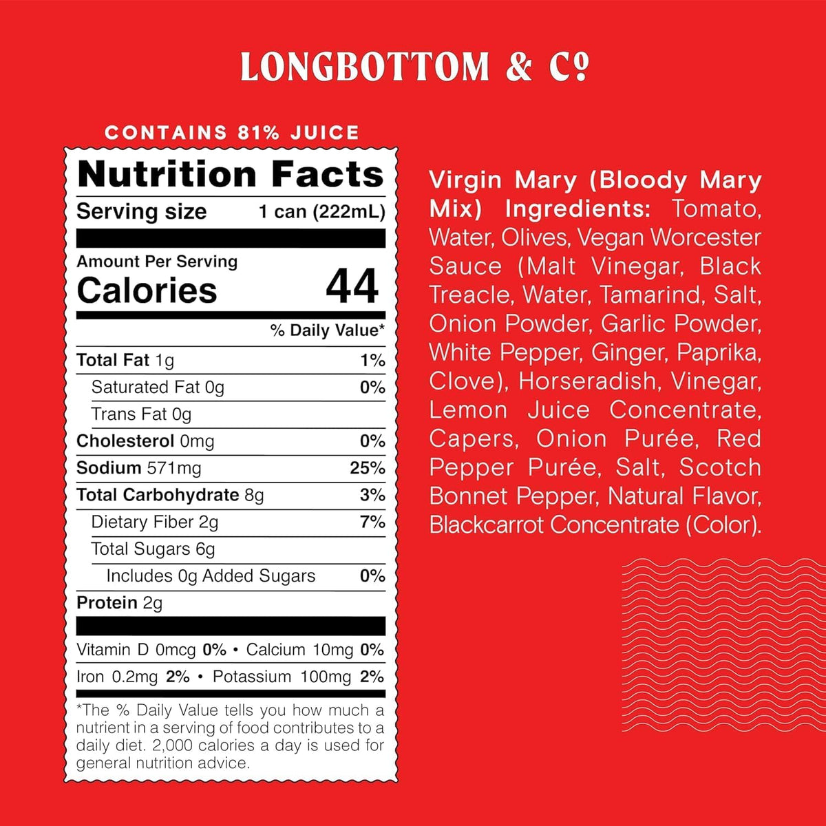Ready-to-drink pour of Longbottom Co Virgin Bloody Mary Mix over ice