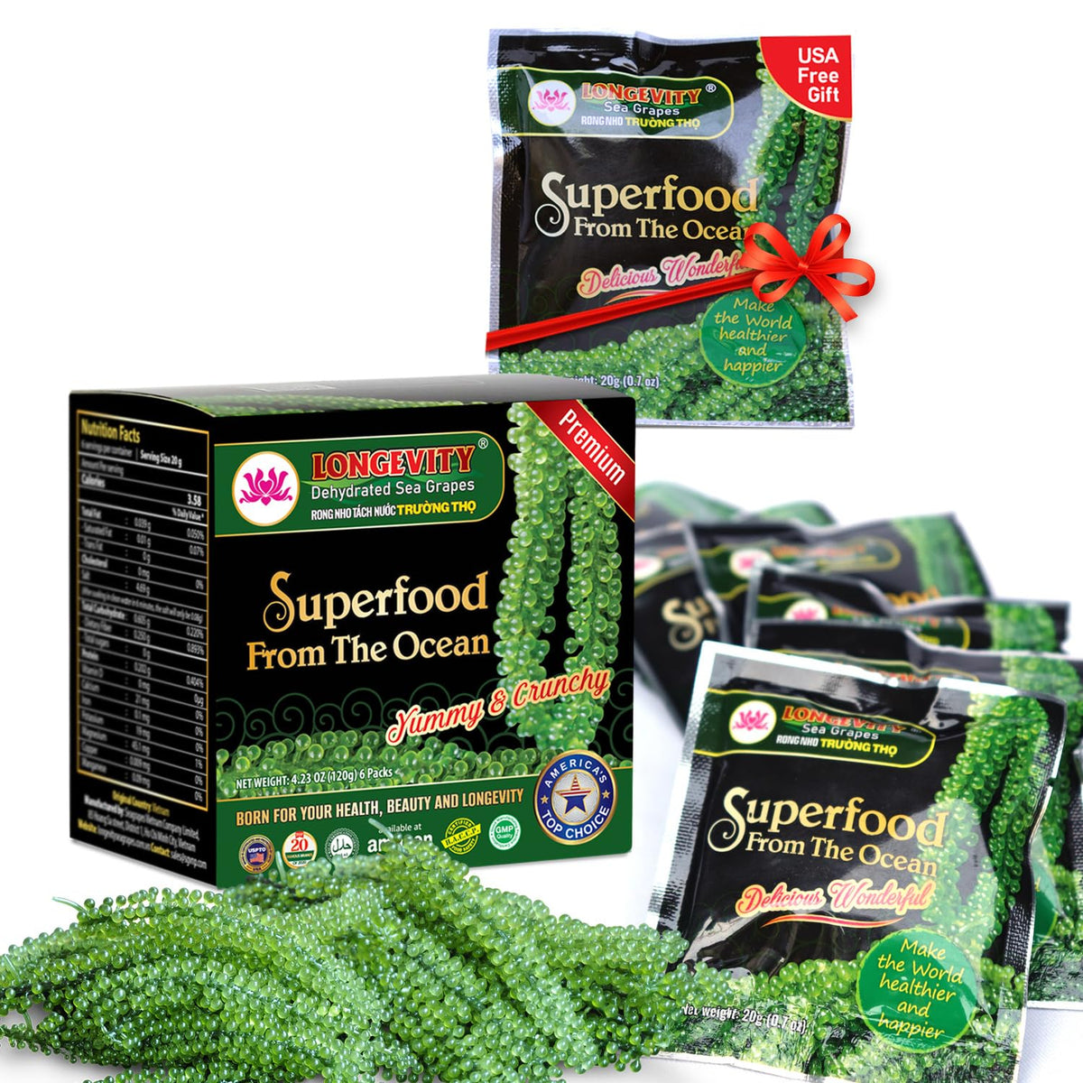 Longevity Sea Grapes bundle pack, premium sea pearls ready for a nutritious snack.