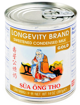 Longevity Sweetened Condensed Milk Gold four-pack front view for premium coffee and desserts.
