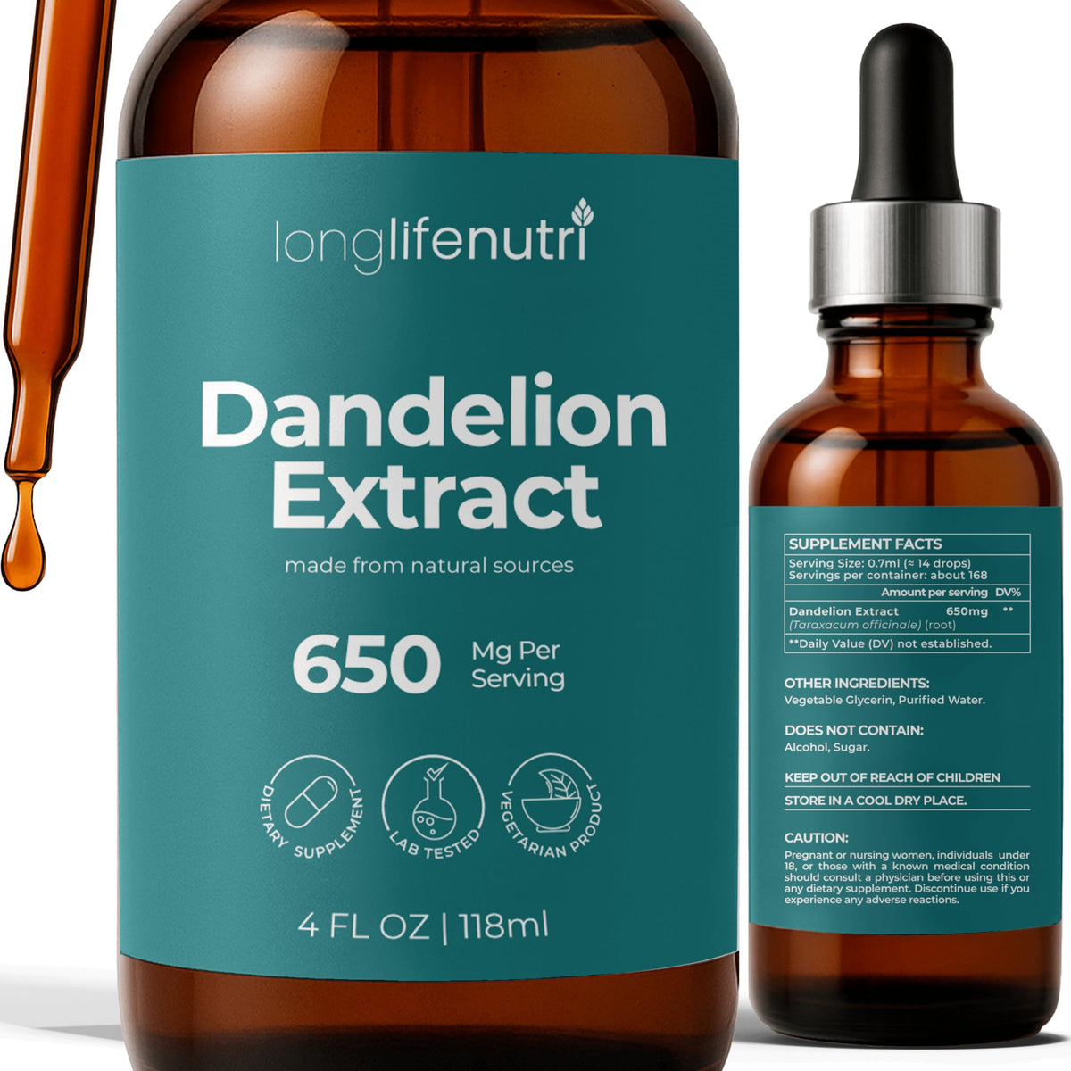 LongLifeNutri dandelion root extract bottle for daily digestion support.