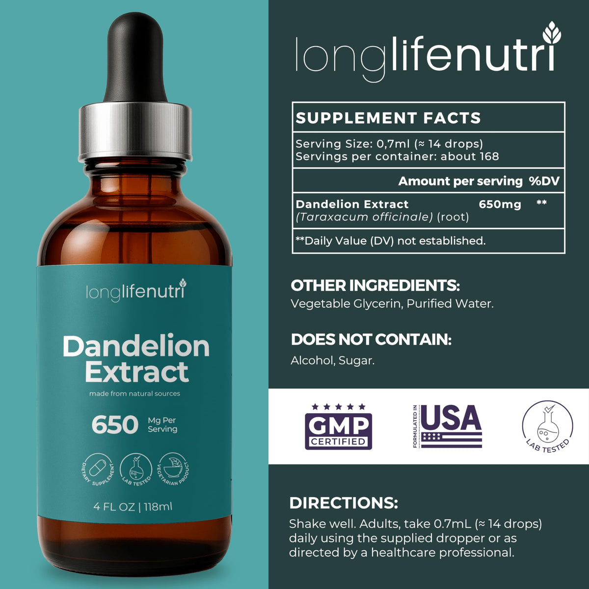 LongLifeNutri dropper beside bottle for easy, gentle daily wellness.